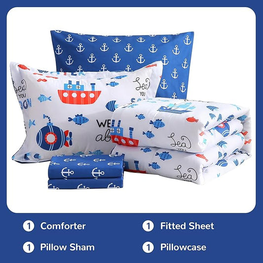 Viviland Kids Twin Bedding Sets for Boys, Soft Twin Comforter Set with Sheets, 5 Pieces Microfiber Bed in a Bag, Nautical Sea Ship