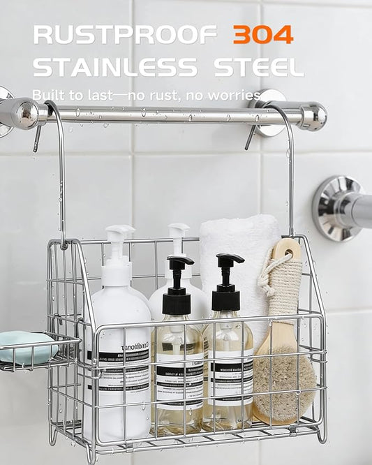 Large Rustproof Shower Caddy Hanging, 304 Stainless Steel Hanging Shower Organizer Basket for Bathroom & Bathtub, Over the Rod Shower Rack for Shampoo, Conditioner, Soap & Bath Accessories(Silver)