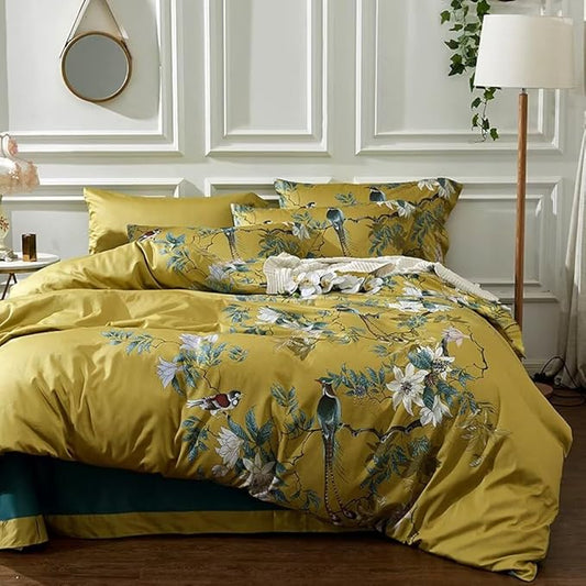 MKXI Vintage Pattern Comforter Set Birds and Flowers Print Cartoon Animal Full Comforter for Kids Cute Jungle Comforters Yellow Quilt Set
