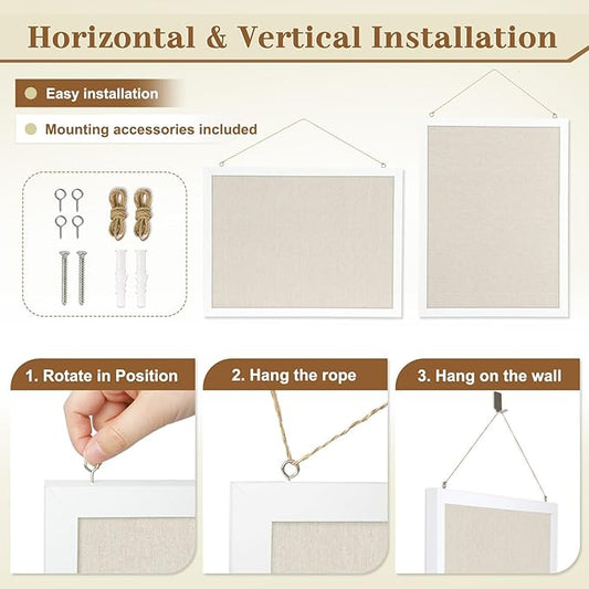 2-Pack Double-Sided Cork Board with Linen, 16" x 12" Hanging Wood Framed Bulletin Board, Picture Display Vision Board Kit Corkboards for Wall School Office Decor, 20 Pushpins (Vintage White)