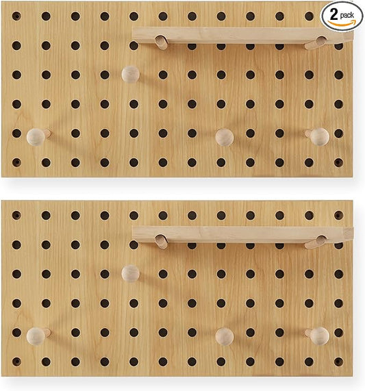 Beige Wood Pegboard Modular Display Wooden Pegboard Combination Wall Organizer Storage Wall Hooks Shelf for Home, Office, Bathroom, Comes with 2 Pieces Pegboards