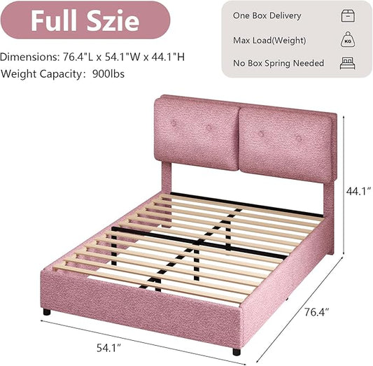 Full Size Bed Frame with Headboard, Cloud Boucle Upholstered Bed Frame, Modern Soft Style, Adjustable Headboard, No Box Spring Needed, Easy Assembly, Pink