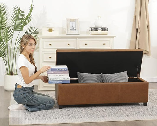 Homebeez 46" Faux Leather Storage Ottoman,End of Bed Bench,Upholstered Ottoman Bench with Storage for Living Room,Bedroom,Entryway