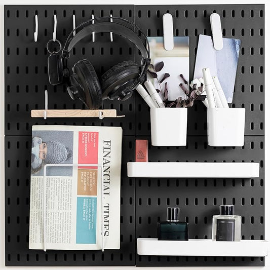 Pegboard Combination Kit, Wall Mounted Storage Set with 4 Pegboards & 14 Accessories Hanging, Black Peg Boards Organizer for Walls Display, Crafts Organization, Kitchen Organizer, 22" x 22"