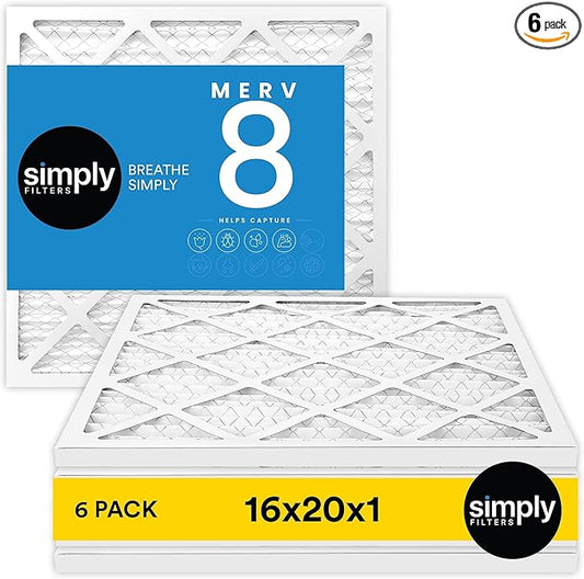 Simply 16x20x1 Air Filter, MERV 8, 6 Pack, For Home AC Furnace & HVAC (Actual Size: 15.75"x19.75"x0.75") DUST, Pet, & Allergy Control