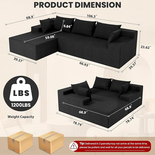 LEVELEVE 107" Cloud Sectional Couch with Deep Seat,Modern Modular Sofa with L-Shape Chaise,No Assembly Required, Upholstered Couches for Living Room Bedroom(Black,Left Facing Chaise)