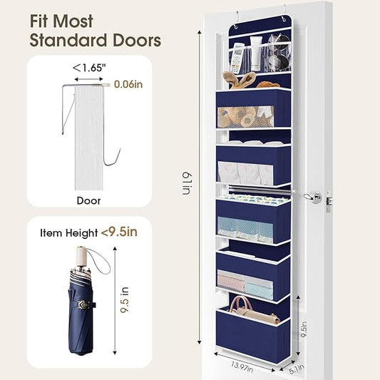 6-Tier Over The Door Organizer Hanging Storage Organizers with Clear Window 40lb Large Capacity Room Organizer for Pantry Bathroom Nursery Closet(Blue)