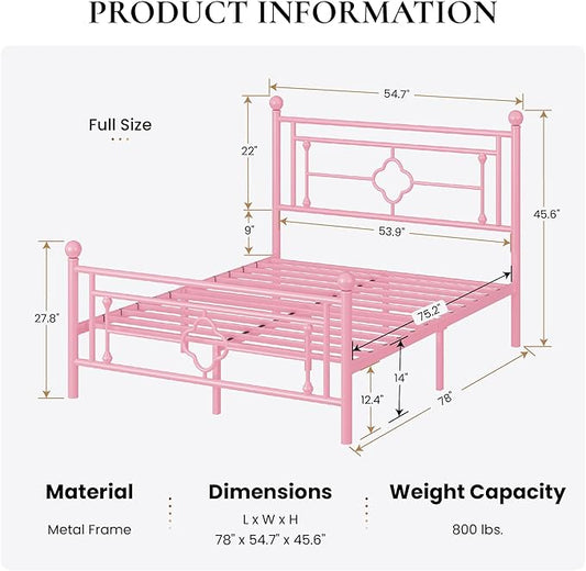 SHA CERLIN 14 Inches Full Size Metal Platform Bed Frame/Vintage Iron-Art Headboard and Footboard/Mattress Foundation for Storage/No Box Spring Needed/Noise-Free/Easy Assembly/Pink
