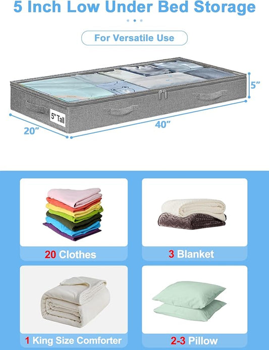 punemi 5 Inches High Low Profile Under Bed Storage Containers,No-Structure,Soft Fabric Zippered Underbed Storage bins for Clothes and Blankets— Fits Under Crib, Couch or Dorm bed,2-Pack,Grey