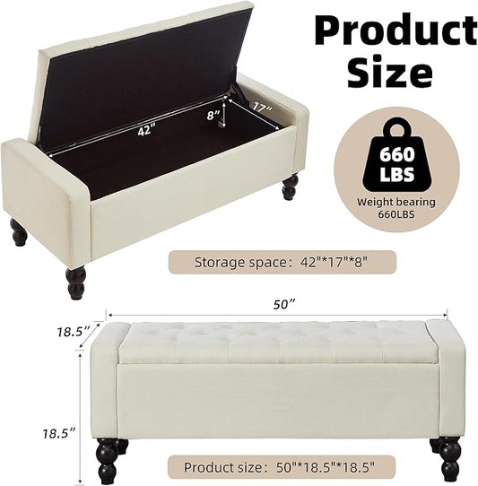 50" W Storage Ottoman Bench with Safety Hinge, Load up to 660 lb Ottoman with Storage, Upholstered Tufted Entryway Bench with Seating for Living Room, Bedroom, Entryway, Beige