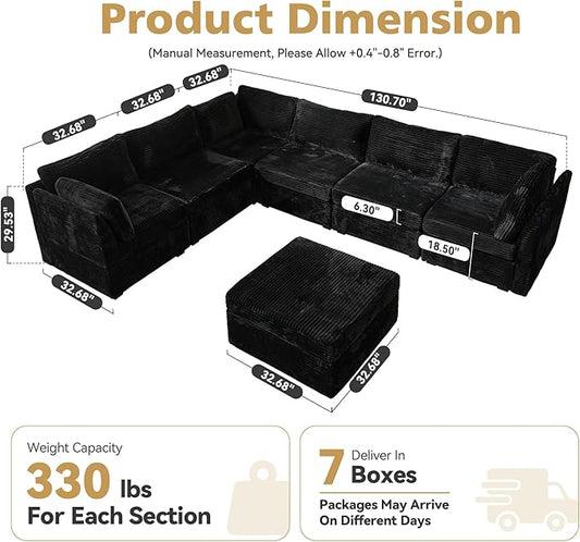 Large 7 Seat Modular Sectional Sofa with Ottoman Seat Corduroy Sleeper Sectional Sofa Bed Oversized Convertible Modular Couch for Living Room