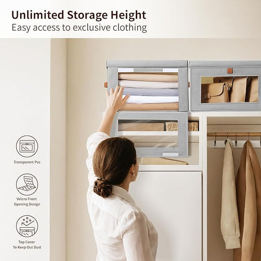 Large Closet Storage Bins - Collapsible Storage Bins with Handles & Window, Fabric Cube Organizer with Lids, Decorative Boxes for Living Room, Closet, Dorm, 6 Pack, Grey