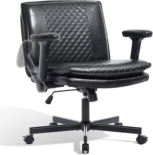 Criss Cross Chair with Flip-Up Arms and Lockable Wheels, Leather Cross Legged Office Desk Chair,Wider 125°Tilting Adjustable Swivel Computer Chair for Home, Apartment, Bedroom,Black 1
