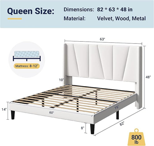 Allewie Queen Size Platform Velvet Bed Frame with Geometric Wingback Headboard, Boho Upholstered Bed with Wooden Slats Support, No Box Spring Needed, Easy Assembly, White