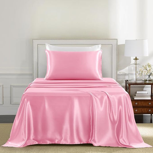 Satin Sheets Twin XL Size - 3 Pieces Luxury Silky Soft Bed Sheets, Wrinkle-Free Light Pink Satin Silk Sheet Set with 1 Deep Pocket Fitted Sheet, 1 Flat Sheet, 1 Pillow Case
