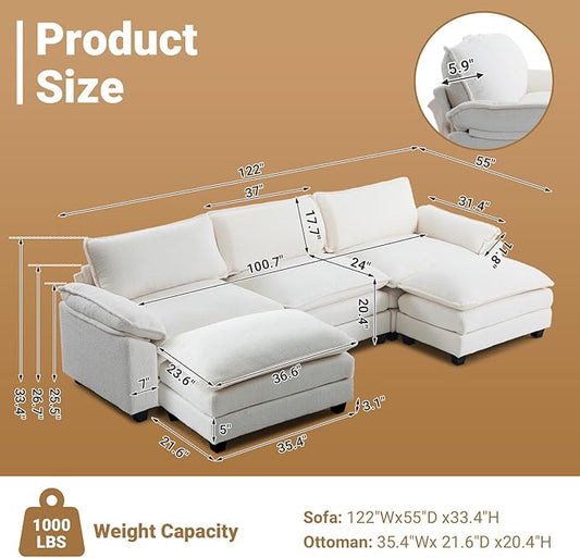 VINGLI 122" Cloud Teddy White Convertible Sectional Sofa, Comfy U-Shape Extra Deep Seat Sofa Couch for Living Room,Modern Chenille 3-Seat Convertible Sofa with 2 Movable Ottomans for Small Space