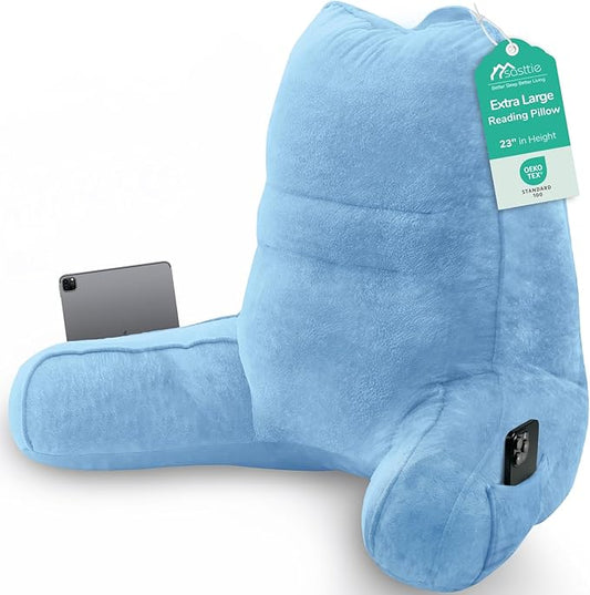 Sasttie Reading Pillow for Bed - 23 Inch, Back Pillow for Bed Sitting Up, Back-Rest Support Cushion with Side Pockets and Arms, Dorm Essentials, Oeko-Tex Certified, Blue