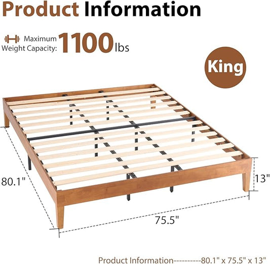 Sweetcrispy Solid Wood Bed Frame, King Size Bed Base with Wood Slat Support, Sturdy, Stylish & Noise-Free Design, No Box Spring Needed, Easy Assembly, Dark Brown