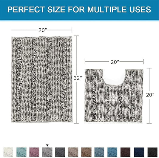 H.VERSAILTEX Bathroom Rugs Bath Rug Set 2 Piece Bathroom Contour Rug Toilet Mat Sets Non Slip Contour Bath Rug Ultra Thick Water Absorbent Striped Bath Mats Washable(20" x 32" Plus 20" x 20" U, Dove)