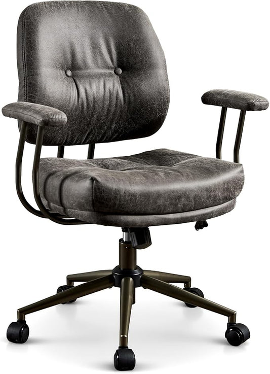 ovios Ergonomic Office Chair, Mid Back Faux Leather Executive Chairs with Thick Cushion, Comfy Mid-Century Modern Swivel Rolling Computer Armchair (Dark Grey, Suede Leather)
