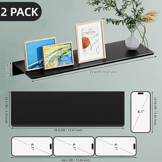Black Wall Shelves for Bathroom, Living Room, Bedroom, Metal Floating Shelves Wall Shelf for Decorative, Shower Caddy(15.7", 2 Pieces)