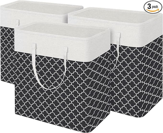 BlissTotes 3-Pack Laundry Basket, Freestanding&Waterproof Laundry Hamper, Collapsible Tall Clothes Hamper with Easy Carry Handles for Clothes, Towels in the Family and Dorm,Clover Black,100L