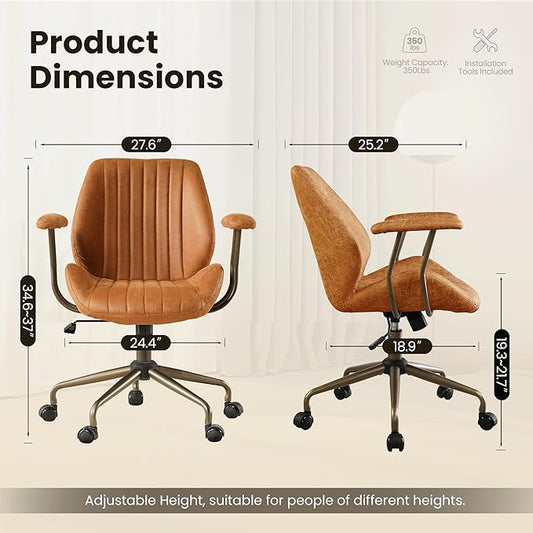 Home Office Desk Chair, Mid-Century Modern Office Chair with Adjustable Lumbar Support, Adjustable Height Executive Task Chair with 360 Rolling Swivel for Meeting Study Room(Mid Back, Brown)