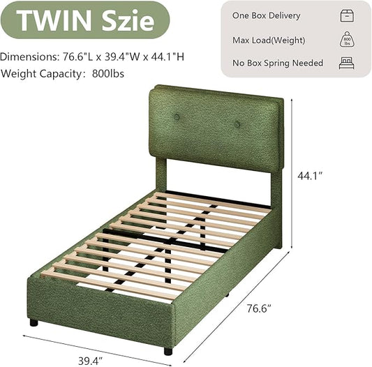 Twin Size Bed Frame, Cloud Boucle Upholstered Bed Frame with Headboard, Twin Bed Frames for Kids, Adjustable Headboard, No Box Spring Needed, Easy Assembly, Green