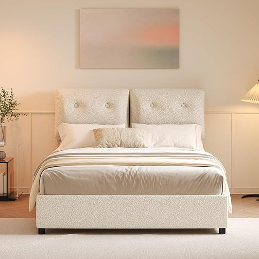Queen Bed Frame with Headboard, Cloud Boucle Upholstered Bed Frame, Modern Soft Style, Adjustable Headboard, No Box Spring Needed, Easy Assembly, Beige