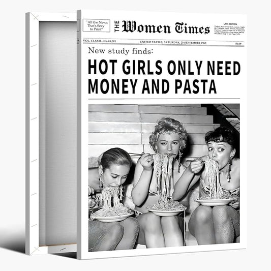 Vintage Women Times Newspaper Canvas Wall Art Black and White Aesthetic Poster Funky Hot Girl Eating Pasta Fashion Prints for Italian Kitchen Bar Cart Girly Dorm Room Art Posters 12x16inch Framed