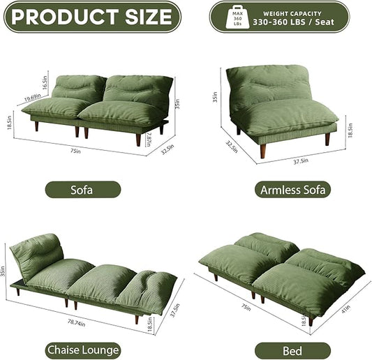 Futon Sofa Bed, 4 in 1 Multi-Functional Futon Couch with Adjustable Backrest, Convertible Sleeper Sofa Bed and Recliner Lounge, Loveseat for Living Room, Apartment, Office, 2 Sets, Green