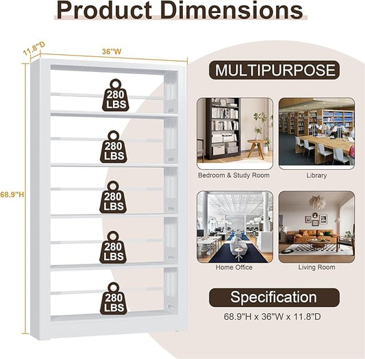 Bookshelf,5-Tier Bookcase with Adjustable Shelves,69” Tall Wide-Column Bookcase for Home Office, Living Room, Bedroom,White Metal Large Load-Bearing Bookshelf,H69*W36*D11.8 Inch (White)