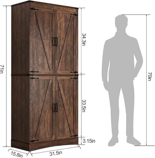 71" Tall Kitchen Pantry,Farmhouse Storage Cabinet with Adjustable Shelves,Load-Bearing Steel Pipe,Farmhouse Pantry Cabinet with 4 Barn Doors, for Kitchen,Dining Room,Living Room(Brown)