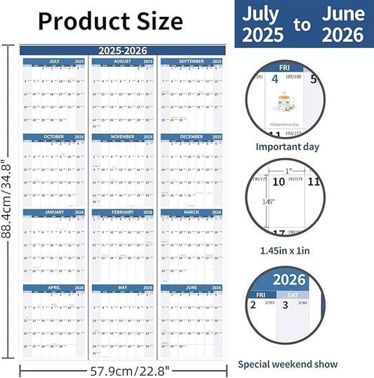 2026 Wall Calendar 34.8" x 22.8" Large Vertical Yearly 2025-2026 Wall Hanging Calenda with Julian Date from July 2025 to June 2026 Thick Paper Calendar 12 Month Annual Planner for Office Fridge(Grayish Blue)