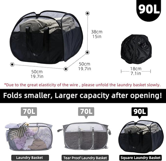 Collapsible Laundry Basket, 90L Foldable Pop-up Laundry Hamper with Reinforced Handles, Tear Proof Mesh Dirty Clothes Hamper for Laundry (Black, 2PCS)
