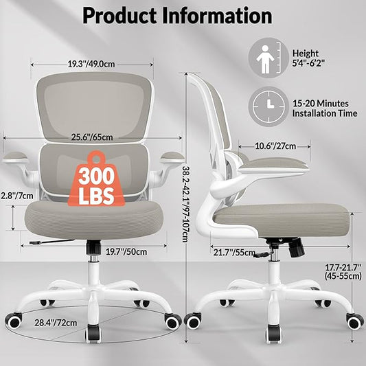 Office Chair Ergonomic Desk Chair, Breathable Mesh Comfy Chair with Lumbar Support, Computer Chair, Home Desk Chair with Flip-up Armrests, Gaming Chair for Adults Home Office (LightGray)