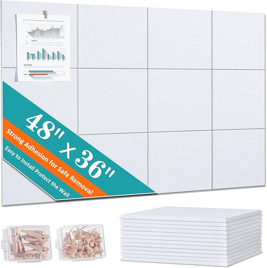 Cork Bulletin Board 48" x 36" - Large Dart Board Wall Protector - 12 Pack Felt Tiles, 60 Removable Safe Adhesive Tabs & 40 Pushpins - for Office, School, Home Decor - Pure White