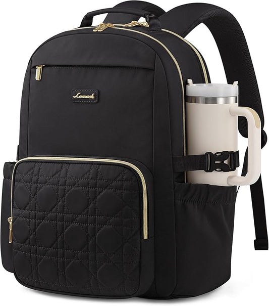 LOVEVOOK Laptop Backpack for Women with Pouch Pocket for Large Capacity Cup,18 Inch Teacher Nurse College Work Backpack Purse,Waterproof Laptop Bag Computer Back Pack for Travel,Black+Wicker pattern