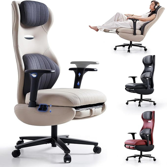 EMIAH Ergonomic Office Chair with Foot Rest Reclining Office Chair with Adjustable Arms and Headrest High Back Gaming Chair with Lumbar Support, PU Leather(Beige)