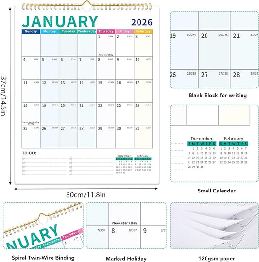 Wall Calendar 2026-2027, 18 Month Calendar from January 2026 to June 2027 14.5" x 11.8" Large Desk Calendar with Twin-Wire Binding for Home Office Planning Personal Organisers, Colorful Block