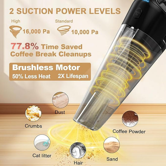 Handheld Vacuum Cordless Rechargeable with Charging Dock - 16000Pa Ultra-Strong Suction, Portable & Lightweight, Fast Charging, LED Light, 0.8L Super-Large Dust Cup, Long Battery Life for Home