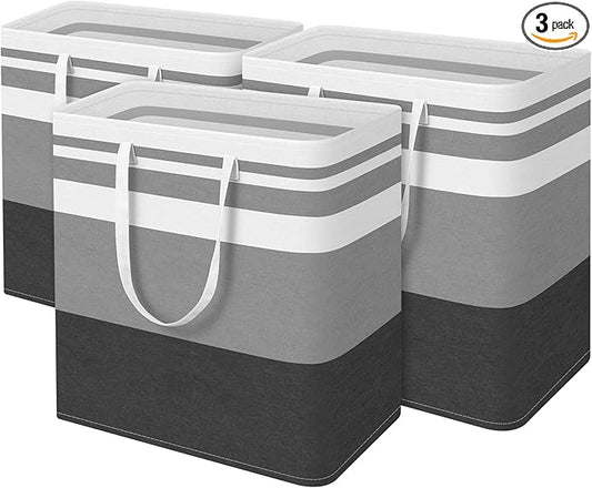 BlissTotes 3-Pack Laundry Basket, Freestanding&Waterproof Laundry Hamper, Collapsible Tall Clothes Hamper with Easy Carry Handles for Clothes, Towels in the Family and Dorm,Gradient Grey,100L
