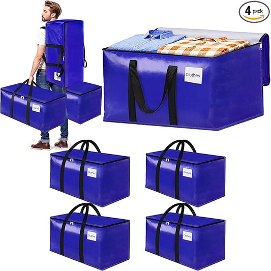 4-Pack Moving Bags with Backpack Straps & Carry Handles, 25 Gallons-93 L Heavy Duty Storage Totes for Space Saving, Foldable Storage Bags for College Dorm, Travel, Camping (Blue)