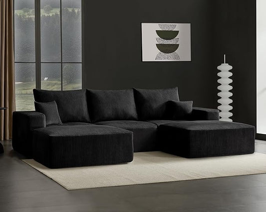 40" Square Stuffed Ottoman Pouf for Sofa Couch, Corduroy Poufs with Foam Chunk Filling, Furry & Fluffy Foot Stool Movable Ottoman. 40 * 31 Floor Poufs Foot Rest for Living Room, Black
