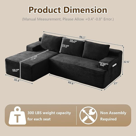 96" Modular Sectional Sofa Couches L-Shape Couch 3 Seat Modular Sofa Corduroy Memory Foam Sectional Boneless Couches for Living Room, Cloud Couch with Oversized Chaise(Dark Black, Left Facing)
