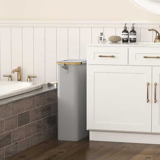 Lifewit 65L Slim Laundry Hamper with Lid, Narrow Laundry Basket with Removable Bag & Bamboo Handles, Fodable Thin Dirty Clothes Hamper for Laundry Collapsible Bin for Bathroom Bedroom Dorm,Silver Grey