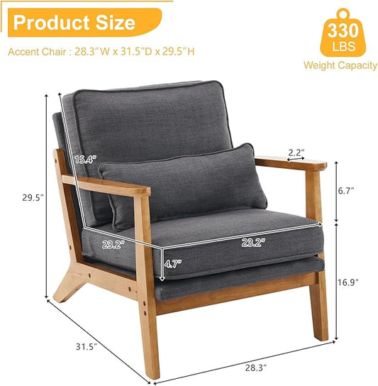 Karl home Accent Chair Wide Armrest Mid-Century Lounge Chair Linen Fabric Armchair with Lumbar Pillow & Solid Wood Frame for Living Room, Bedroom, Balcony, Gray