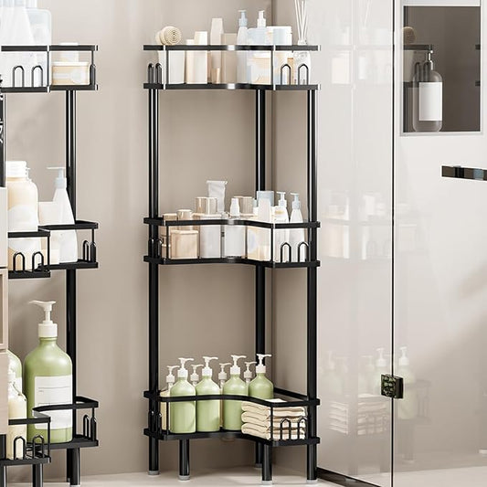 Free Standing 3 Tier Shower Caddy with 4 Hooks on Each Shelf Waterproof Corner Organizer Corner for Bathroom Kitchen Large Capacity Shower Rack(Black)