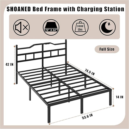 14 Inch Metal Bed Frame - Full Size Heavy Duty Bedframe with Charging Station & Headboard Basic Steel Slats Platform No Box Spring Needed/Easy Assembly/Noise Free