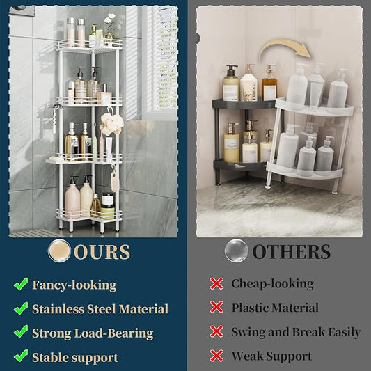 Consumest Corner Shower Caddy Standing - 4-Tier Stainless Steel Shower Organizer with Soap Holder and 4 Hooks, Large Capacity Corner Shelf Stand for Bathroom, Rest Room, White